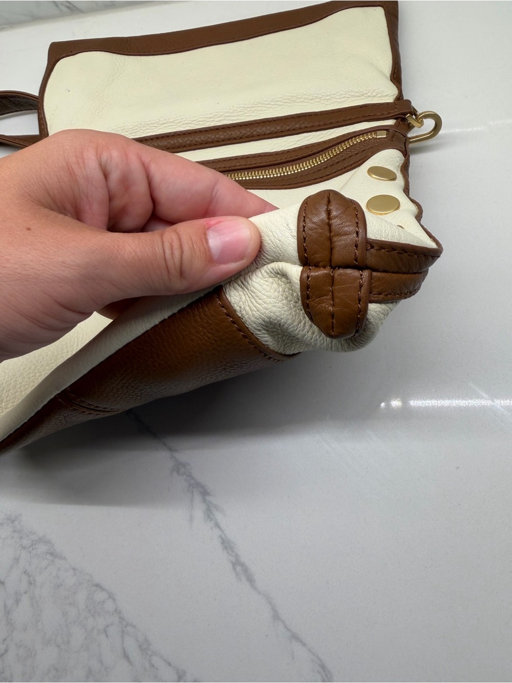 Hammitt Cream and Brown Leather Foldover Crossbody - Picture 13 of 16